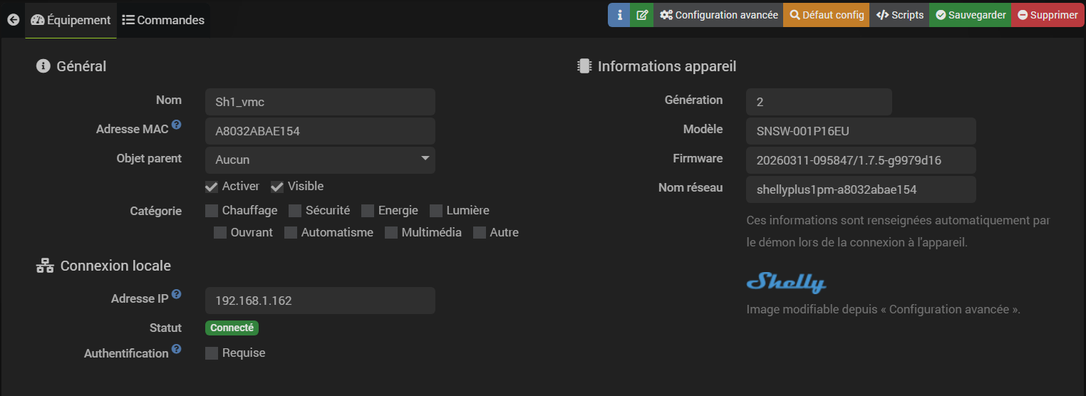 Onglet Équipement : informations générales et connexion locale