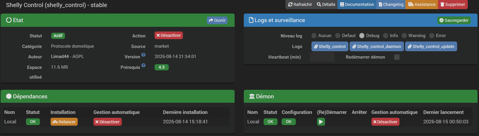 Page de gestion du plugin : état, dépendances et démon