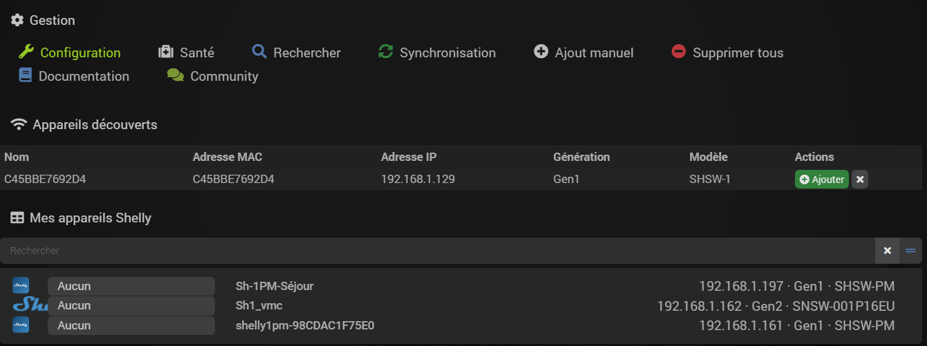 Page principale du plugin : bandeau de gestion, appareils découverts et liste des équipements