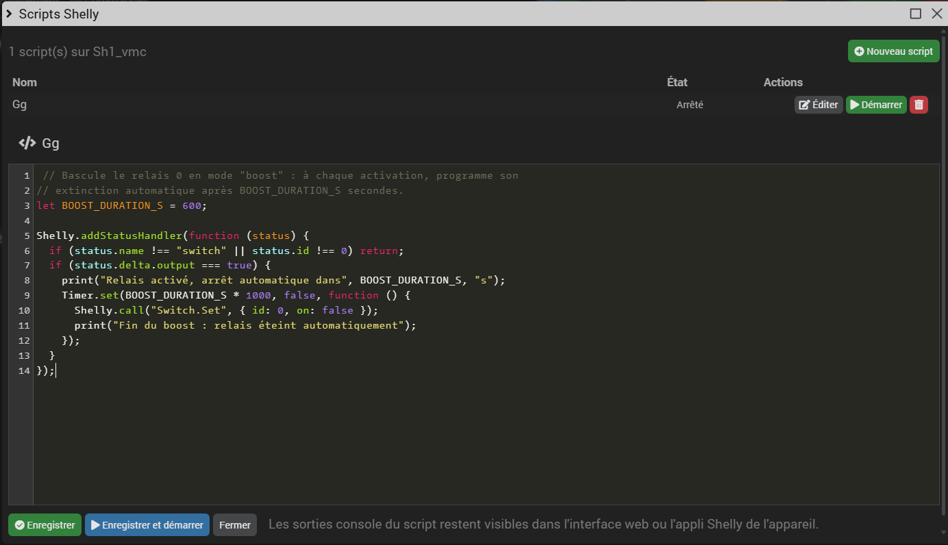 Modale de gestion des scripts natifs Shelly (Gen2+)