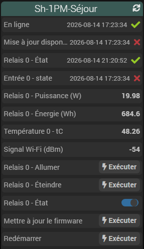 Résumé d'un équipement Shelly sur le tableau de bord